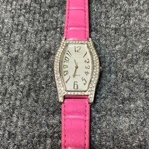Women's Dress Watch Silver Tone Pink Leather‎ Band Rhinestone Bezel Quartz Y2K